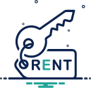 a key on top of a rectangle containing the word rent