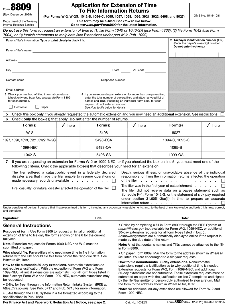 Form 8809 preview – Paystubs.net