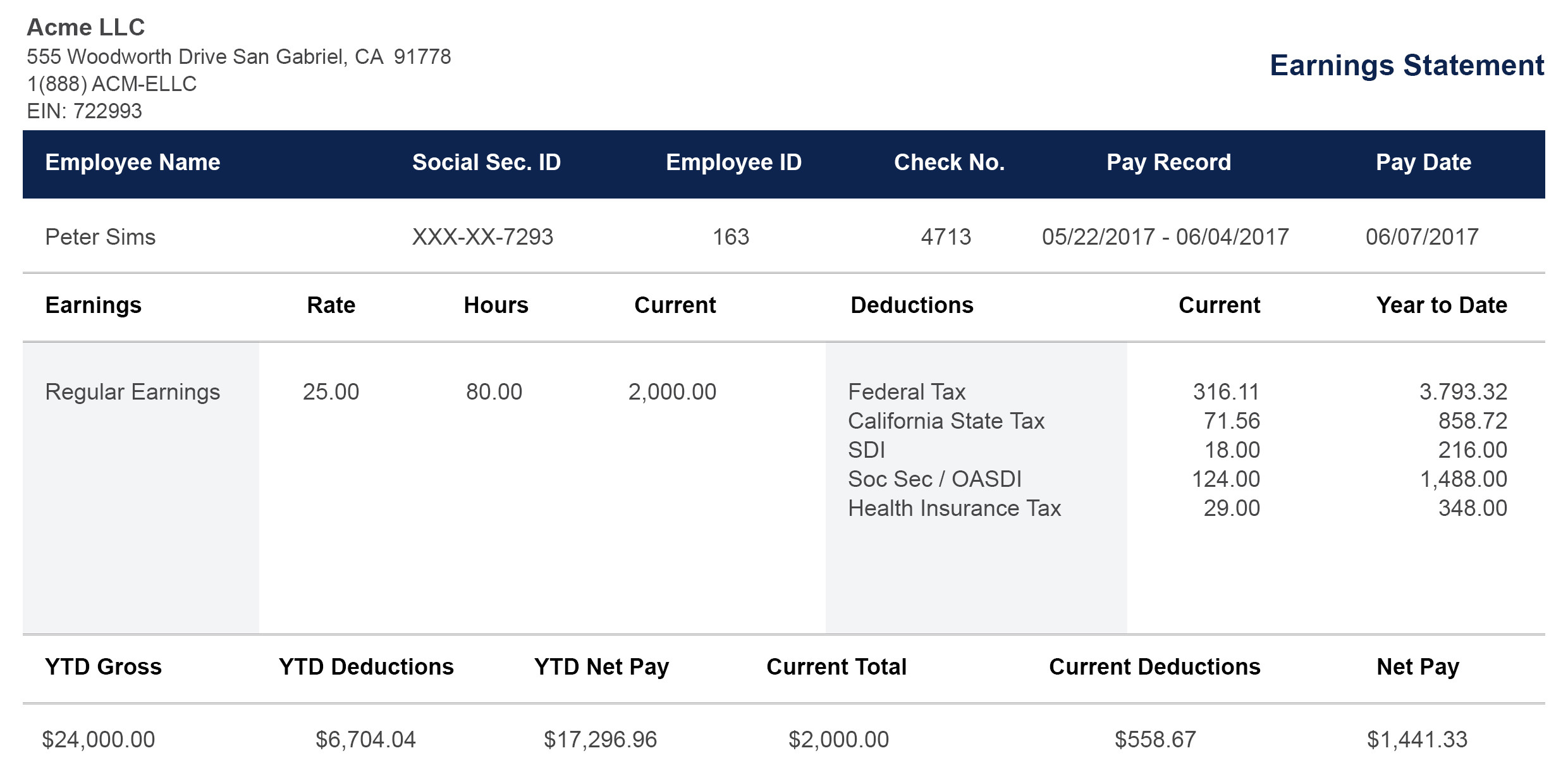 Pay Stub Horizontal Black Template PayStubs