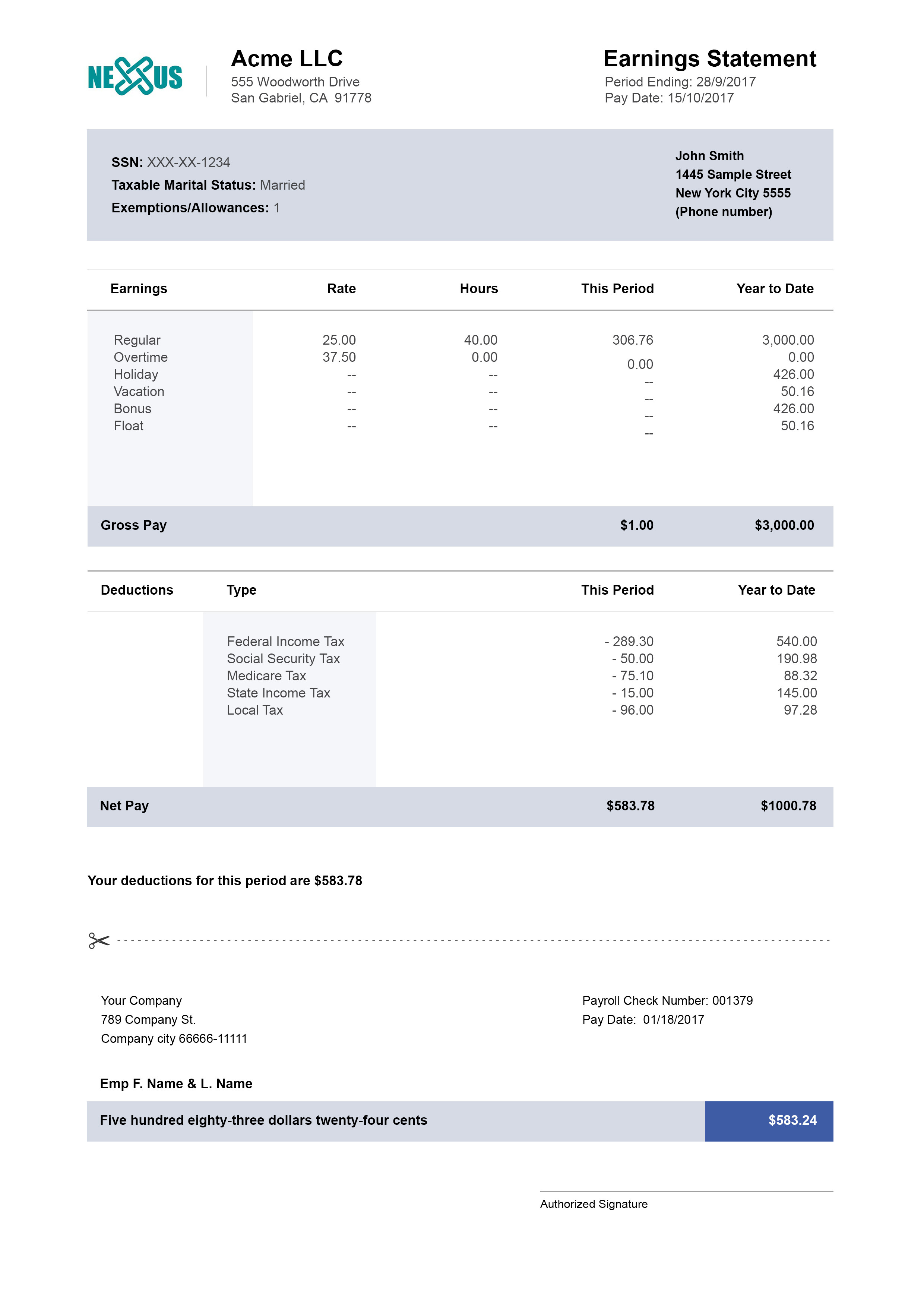 pay stub vertical template grey