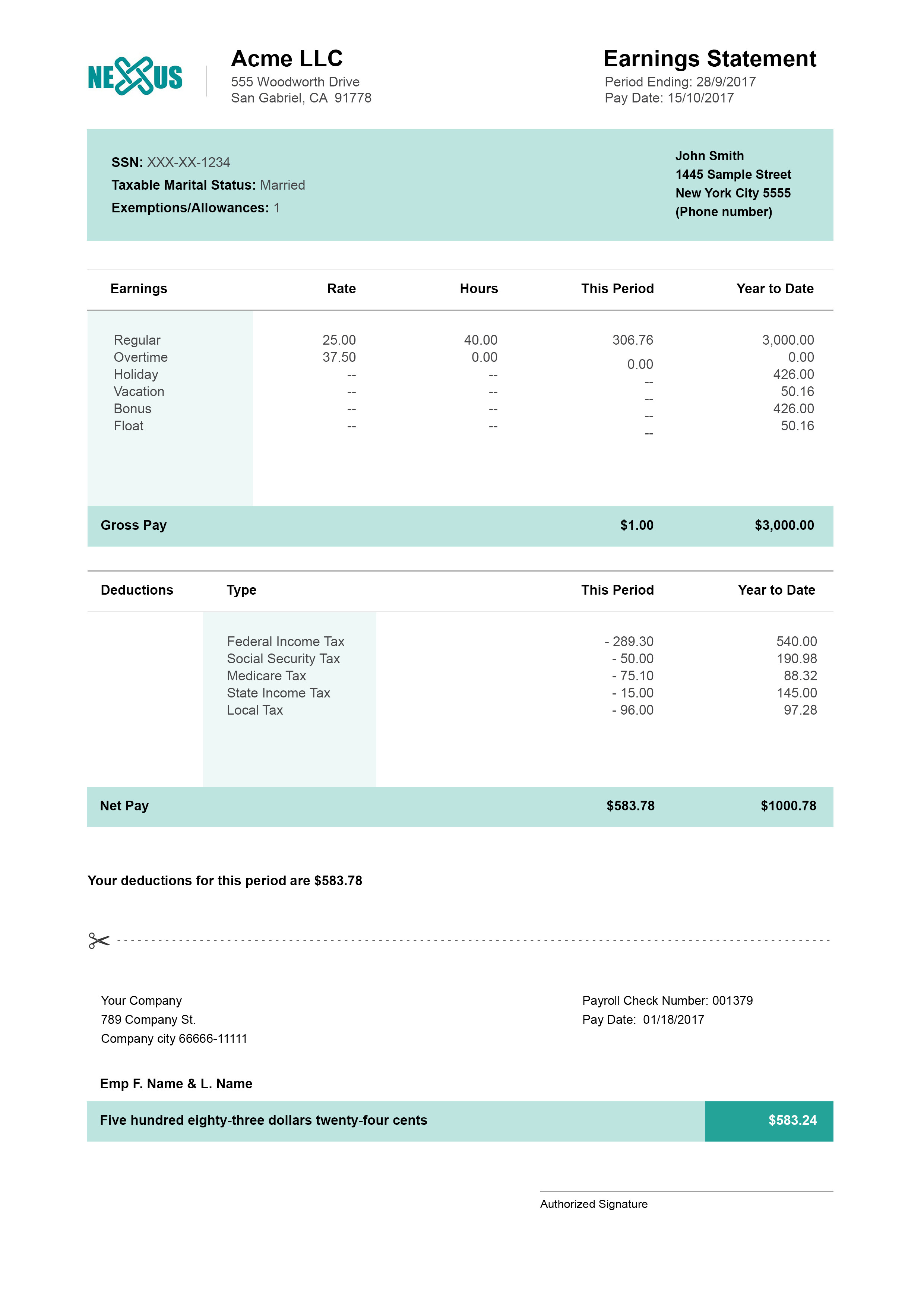 pay stub vertical colorful template